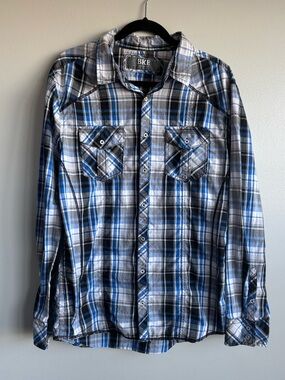 BKE Standard Fit Blue Black White Long Sleeve Plaid Button Down Men’s Size XL